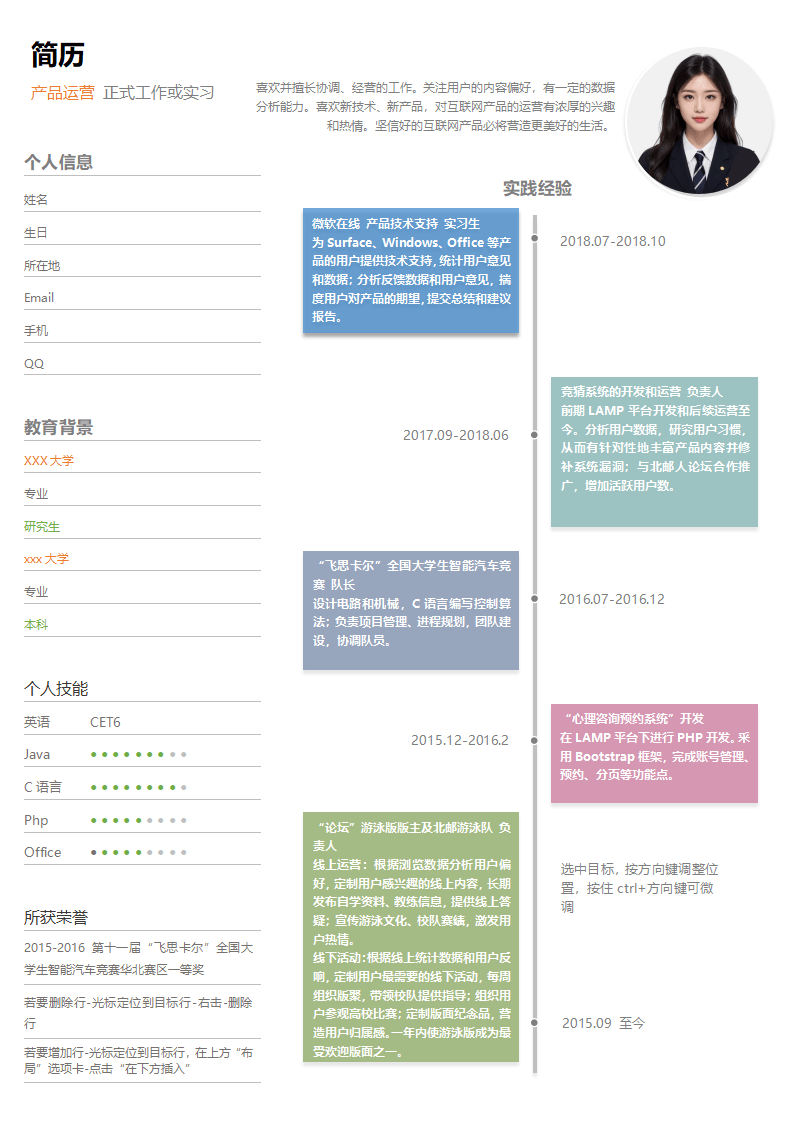 彩色时间轴产品运营求职简历模板.docx--0